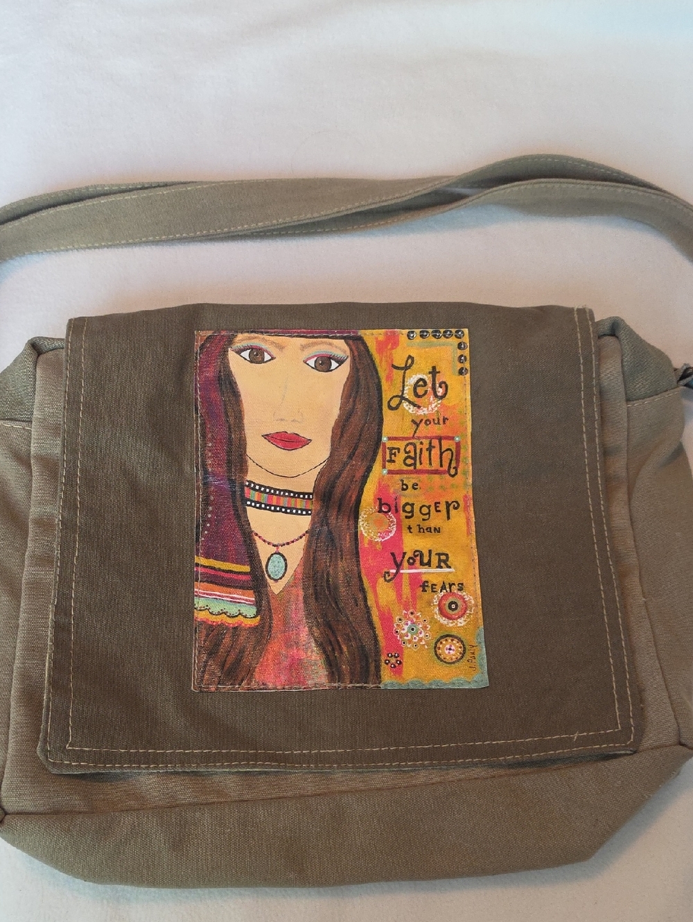 Olive Canvas Crossbody Bag with Faith Panel